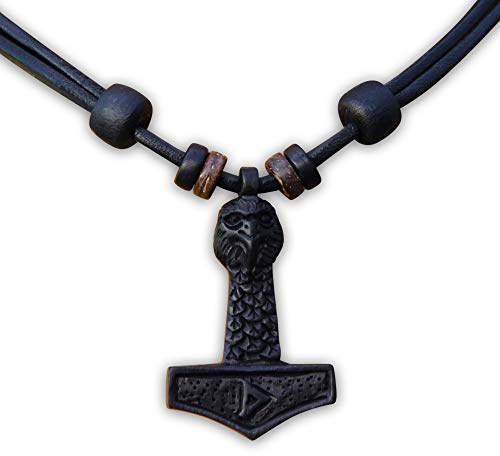 HANA LIMA Thorshammer Thor Hammer Mjölnir Holzschnitzerei Lederkette Halskette