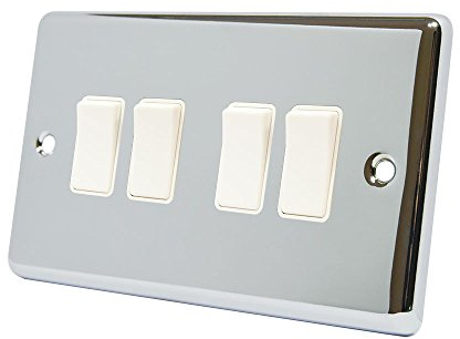 AET CPC4GSWIWH 4 Gang 2 Way 10 A Classical Chrome Polished White Insert Plastic Rocker Light Switch