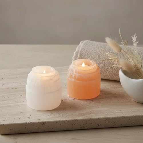 Budawi® Selenit Teelichthalter Set 2er, weiß & orange | Kerzenhalter