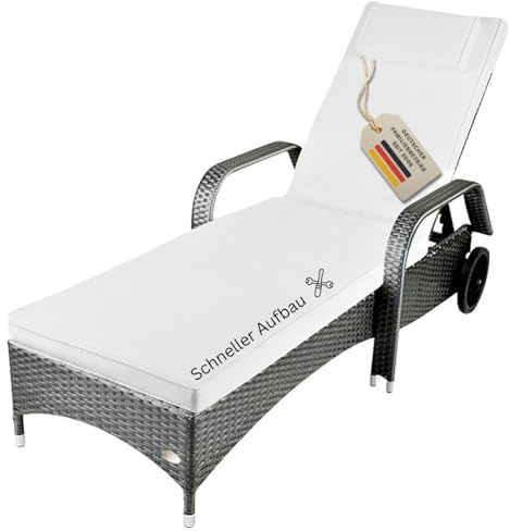 RS Trade Sonnenliege Gartenliege Toscana Wetterfest mit Rollen – Polyrattan Rattan Liege Outdoor mit Armlehne, Verstellbare Relaxliege für Garten, Terrasse, Balkon, grau mit weißer Auflage & Kissen