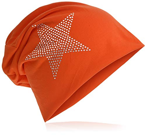 Miobo Jersey slouch beanie lång mössa stjärna med strass applikation unisex enfärgad män kvinnor trend, apelsin, En Storlek