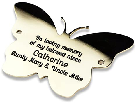 Engraving Studios 2 high butterfly shape solid brass engraved nameplate. Personalised engraved memorial plaque