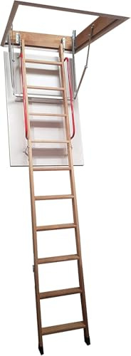 BPS Deluxe Wooden Loft Ladder | Folding Attic Ladder with Twin Handrails and Insulated Hatch Door | Floor to Ceiling Heights up to 2.8m | Frame 1100 x 545mm
