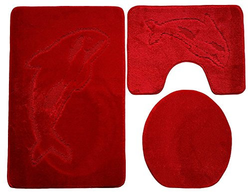 Ilkadim Delphin Badgarnitur 3 TLG. Set 55x85 cm einfarbig, WC Vorleger mit Ausschnitt für Stand-WC (rot)