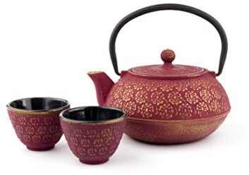 Bredemeijer rotes asiatisches gusseisernes Teekannen Set 0.6 Liter mit 2 Tassen