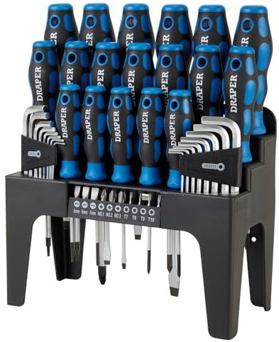 Draper 44 Piece Precision Screwdriver Hex Key and Bit Set | Soft Grip Drivers Hand Tools | DIY and Professional Kit | Tool Stand | Magnetic Tips | 81294
