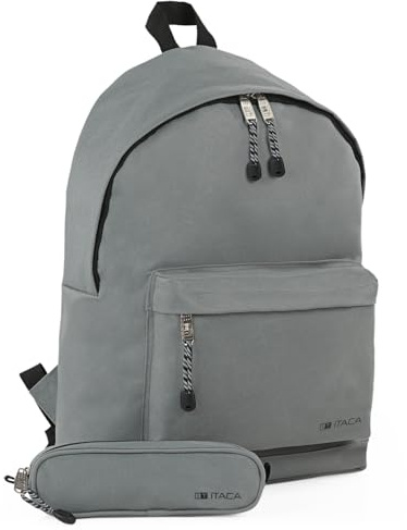 ITACA - Ryggsäck och penna fall. Polyester. Vadderad med övre handtag och justerbara handtag. Framficka och dubbelstängning. Ryggsäck, Grå