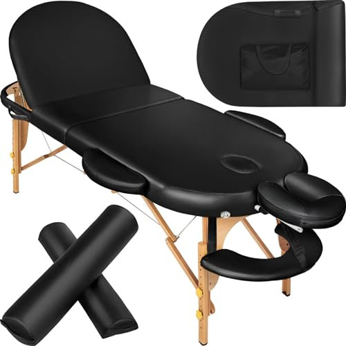 TecTake® Set Lettino Massaggio 3 Zone, Lettino Massaggio Portatile Ovale con Rulli, Lettino Pieghevole, Comoda Imbottitura, Poggiatesta Ergonomico Multifunzione, Poggiabraccio, Borsa Inclusa - Nero
