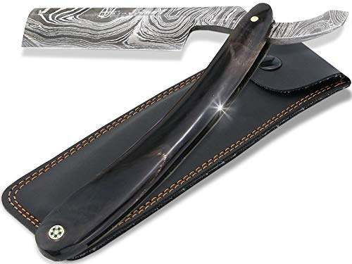 Damst-Bartmesser mit Echt-Horn-Heftschalen zur präzisen Bartpflege Rasur | Rasiermesser mit Damaststahl für eine klassische Nassrasur. Rasieren Sie Ihren Bart wie ein Barbier