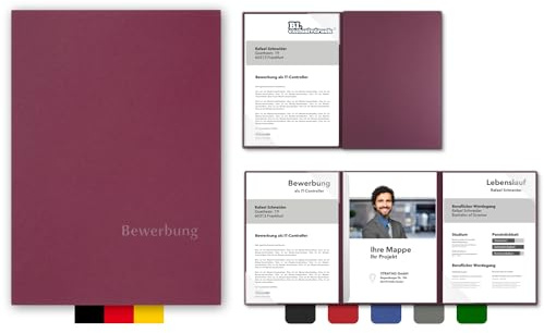 5 Stück 3-teilige Bewerbungsmappen BL-exclusivdruck® EASY in Granatrot - Premium-Qualität mit edler Relief-Prägung 'Bewerbung' - Produkt-Design von 'Mario Lemani'