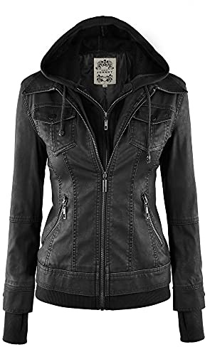 Made By Johnny MBJ WJC664 Womens Faux Leather Jacket with Hoodie XL Black
