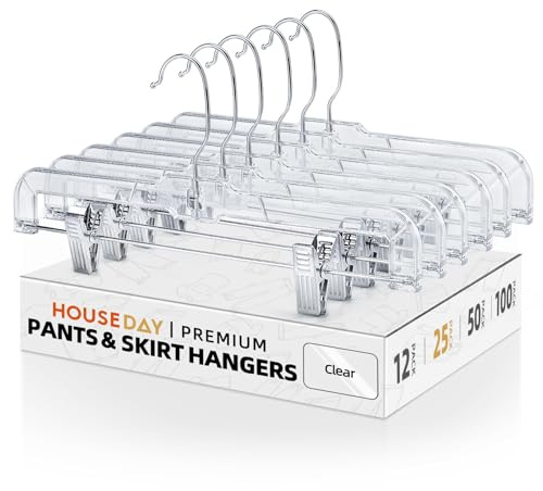 HOUSE DAY Clear Skirt Hangers with Clips, Non-Slip Pants Hangers for Closet, Clip Hanger for Pant, Skirts, Shorts, 14'' Clear Plastic Hanger, Pack of 25