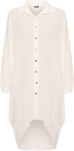 WearAll Femmes Grande Taille Batwing Chemise Robe Longue Manche Trempette Ourlet Salut Il Bouton Collier Dames - Creme - 52-54