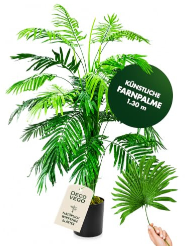 Kunstpflanze Kunstbaum Künstliche Pflanze Palme Farnpalme 130cm Decovego | Plastik, pflegeleicht, allergikerfreundlich, immergrün, Innendekoration für Wohn- und Büroräume