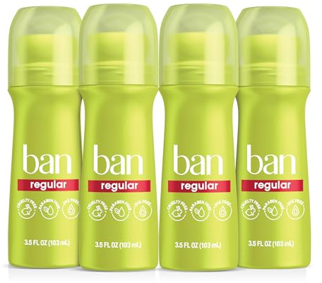 Ban Invisible Roll-on Antiperspirant Deodorant for Women and Men, 24-hour Underarm Odor & Sweat Protection, Regular Scent, 3.5 Oz, Pack of 4