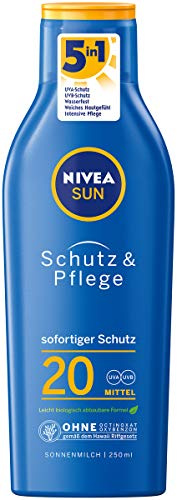 NIVEA SUN Schutz & Pflege Sonnenmilch LSF 20 (250 ml), Sonnencreme für 48h Feuchtigkeit, sofortiger Sonnenschutz mit hochwirksamem UVA/UVB-Filtersystem