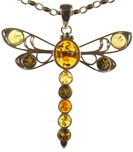 Baltic amber and sterling silver 925 multi-coloured dragonfly pendant (no chain)
