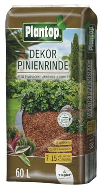 Plantop Dekor Pinienrinde naturrein – Premium Rindenmulch aus Pinienborke – Bodenhilfsstoff für Garten & Beete – Mediterrane Optik – 60 Liter – Körnung 7-15 mm