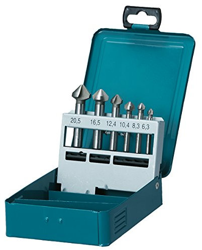 Makita D-42204 Kegelsenker-Set 6-teilig in Metallkassette, 90° Schneiden, Ø 6,3 - 20 mm, HSS-Stahl, für bspw. Metall, NE-Metall oder Holz, DIN335, Rundschaft
