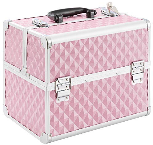 Arebos Valise de Maquillage | 15L | 5 Compartiments | Aluminium | Motif Diamant | Serrure et clé incluses | 2 étagères Pliantes | Revêtement en Velours | Rose