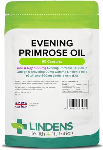 Lindens - Evening Primrose Oil 1000mg, 90 Capsules - 1 a Day, UK Made - Omega 6 Fatty Acids, Linoleic Acid & Gamma-Linolenic Acid - Women's Health & Skin Support - Letterbox Friendly