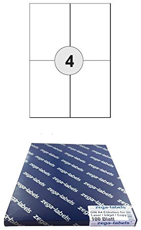 400 Etiketten 105 x 148 mm selbstklebend auf DIN A4 Bögen (2x2 Etiketten DIN A6) - 100 Blatt Pack - Universell für Laser/Inkjet/Kopierer einsetzbar - 105x148mm 4-teilig