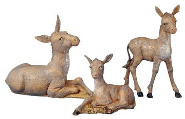 Fontanini by Roman Inc., 3 Piece Set of Donkey Family, 5 Animals Collection, Nativity Figure and Accessories, Hand Sculpted and Painted