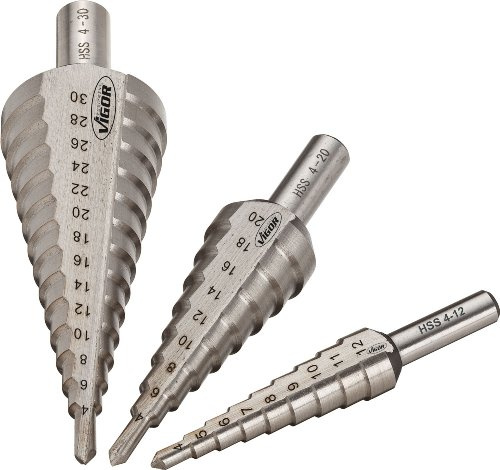 ViGOR HSS-Stufenbohrer-Satz V1707, bestehend aus V2394 (4-12 mm), V2395 (4-20 mm), V2396 (4-30 mm), für präzises Bohren in Metall, Kunststoff und Holz, Durchmesserbereich 4-30 mm