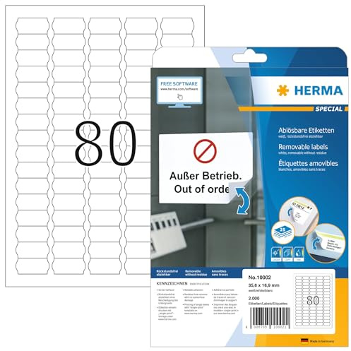 HERMA 10002 Preisetiketten ablösbar, 25 Blatt, 35,6 x 16,9 mm, 80 pro A4 Bogen, 2000 Stück, selbstklebend, bedruckbar, matt, blanko Papier Preisschilder Etiketten Aufkleber, weiß