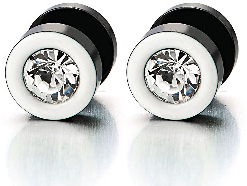 2 Blanco Negro Enchufe Falso Fake Plug, Pendientes de Hombre Mujer, Aretes, Acero Inoxidable, con Circonita 6MM