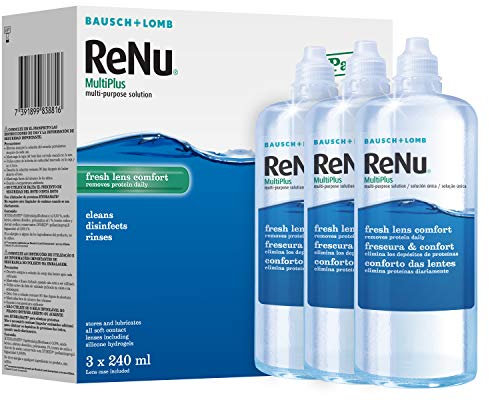 ReNu MultiPlus Multi-Purpose Contact Lens Solution, 3 x 240ml, for Soft Contact Lenses, Moisturise, Remove Protein, Clean, Disinfect, Lubricate, Rinse and Store Your Lenses, Lens Case Included
