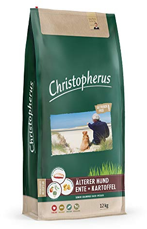Christopherus Grainfree Senior, Vollnahrung für futtersensible Hunde ab dem 6. Jahr, Trockenfutter, Ente + Kartoffel, Krokettengröße ca. 1 cm, Älterer Hund, 12 kg