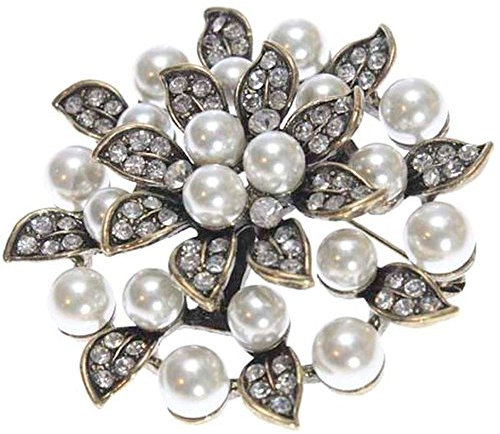 Little Bo Blumen-Brosche in antikem Goldton mit Perlen und Kristallen, Perle, Metall, Perle
