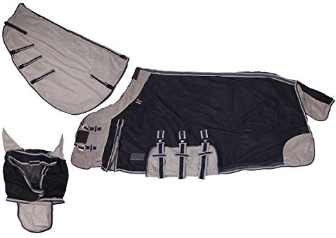 QHP Fliegendecke mit Hals und Hut 3 Bauchgurte, Frontverschluss, Schweiflatz (175 cm, Blau)