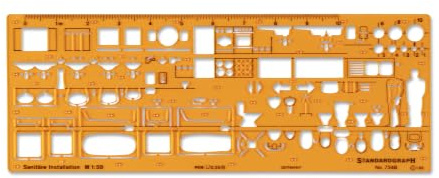Standardgraph 7348 - Sanitäre Installation I | Sanitär-Zeichenschablone Maßstab 1:50: Grundrissdarstellung, Seiten- und Vorderansicht mit Tuschenoppen