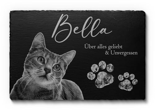 CHRISCK design Tier Grabstein Katze - Katzengrabstein aus Schiefer mit Gravur - Wetterfester Gravurschutz - Große Motivauswahl! - Grabplatte mit Foto - 22x14 cm o. 30x20 cm - Gedenkstein Hund