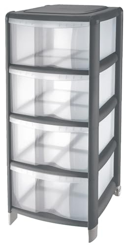 Cassettiera 4 cassetti trasparenti in plastica e bordi grigi