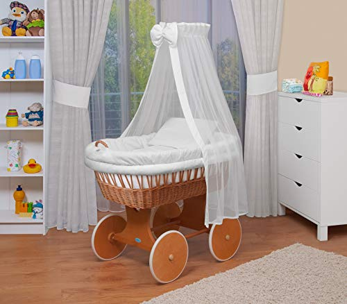waldin Stubenwagen XXL Baby Komplett aus Weide Zertifiziert EN 1130 | Großer Babywagen XXL mit Weidenkorb Handgemacht Himmel Matratze Bettwäsche Holzgestell Lackiert Leise Räder