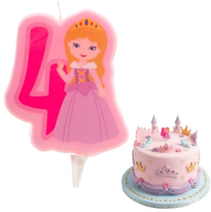 dekora - Geburtstagskerze Zahlen 4 Prinzessin 7 cm für Kindergeburtstage | Besondere Geburtstagskerze aus duftfreiem Paraffinwachs, Prinzessin-Tortendeko, lebensmittelecht