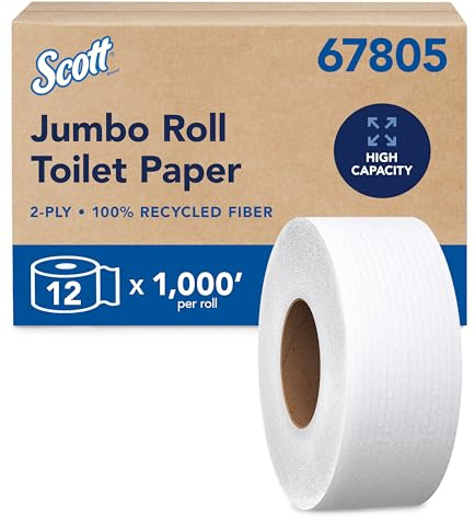 Scott Professional 100% Recycled Fiber High-Capacity Jumbo Roll Toilet Paper, Bulk (67805), 2-Ply, Septic Safe, White, Non-Perforated (12 Rolls at 1,000' Each, 12,000'/Case)
