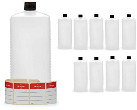 Octopus 10 botellas de plástico 1000 ml, botellas de plástico de HDPE con negro tapones de rosca, botellas vacías con tapas de negro rosca, botellas rectangulares con etiquetas para marcar