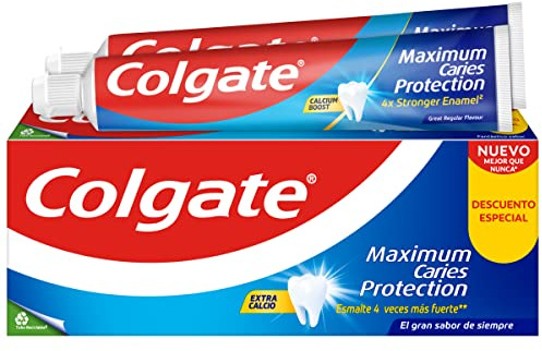 Colgate Protección Caries, Pasta de Dientes con flúor activo y calcio líquido, sabor menta - Pack 2 uds x 75ml