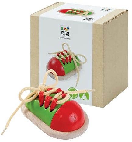 PlanToys® Tie-Up Shoe Lacing Practice Toy for Kids | Montessori Fine-Motor & Independence Activity for Focus & Coordination | Eco-Friendly Wooden Educational Tool