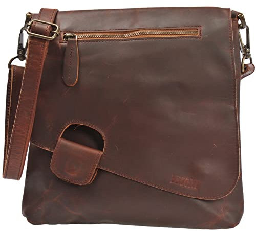 LECONI Umhängetasche Damen-Tasche Crossbag Rinds-Leder Natur Schultertasche Vintage-Look Ledertasche Frauen + Herren Handtasche aus Echt-Leder 29x29x6cm braun LE3027-wax