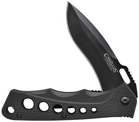 Camillus RAGE Survival Klappmesser aus 440 Stahl schwarz, Outdoor Survival Messer mit Gürtelclip - extra scharf, 19302