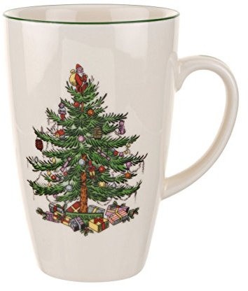 Spode Latte-Tasse mit Weihnachtsbaum, 625 ml, für Tee, heißen Kakao und mehr, klassisches grünes Weihnachtsbaum-Design, spülmaschinen- und mikrowellengeeignet, Tasse aus feinem Steingut
