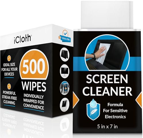 iCloth Large Screen Cleaning Wipes for Electronics, Lint-Free and Streak-Free, Fast-Drying, Removes Dust, Fingerprints, and Smudges (500 Wipes)