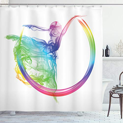 Ambesonne Abstract Shower Curtain, Smoke and Dance Shape Silhouette of Dancer and Ballerina with Rainbow Colors Ethereal View of Art, Cloth Fabric Bathroom Set with Hooks, 69 W x 70 L, Aqua Yellow