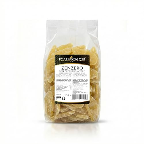ITALIA SPEZIE - Zenzero disidratato a fette 1 Kg senza zucchero cristallizzato (con zucchero a velo) - Prima Qualità - ginger candito essiccato - Frutta Disidratata