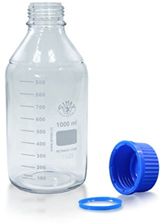 Gewindeflaschen 1000ml Laborflasche Borosilikatglas 3.3 inkl. Schraubverschluss und Ausgiessring (blau) - ISO 4796-1 - mit Graduierung - Labor und Industrie - Laboranwendungen